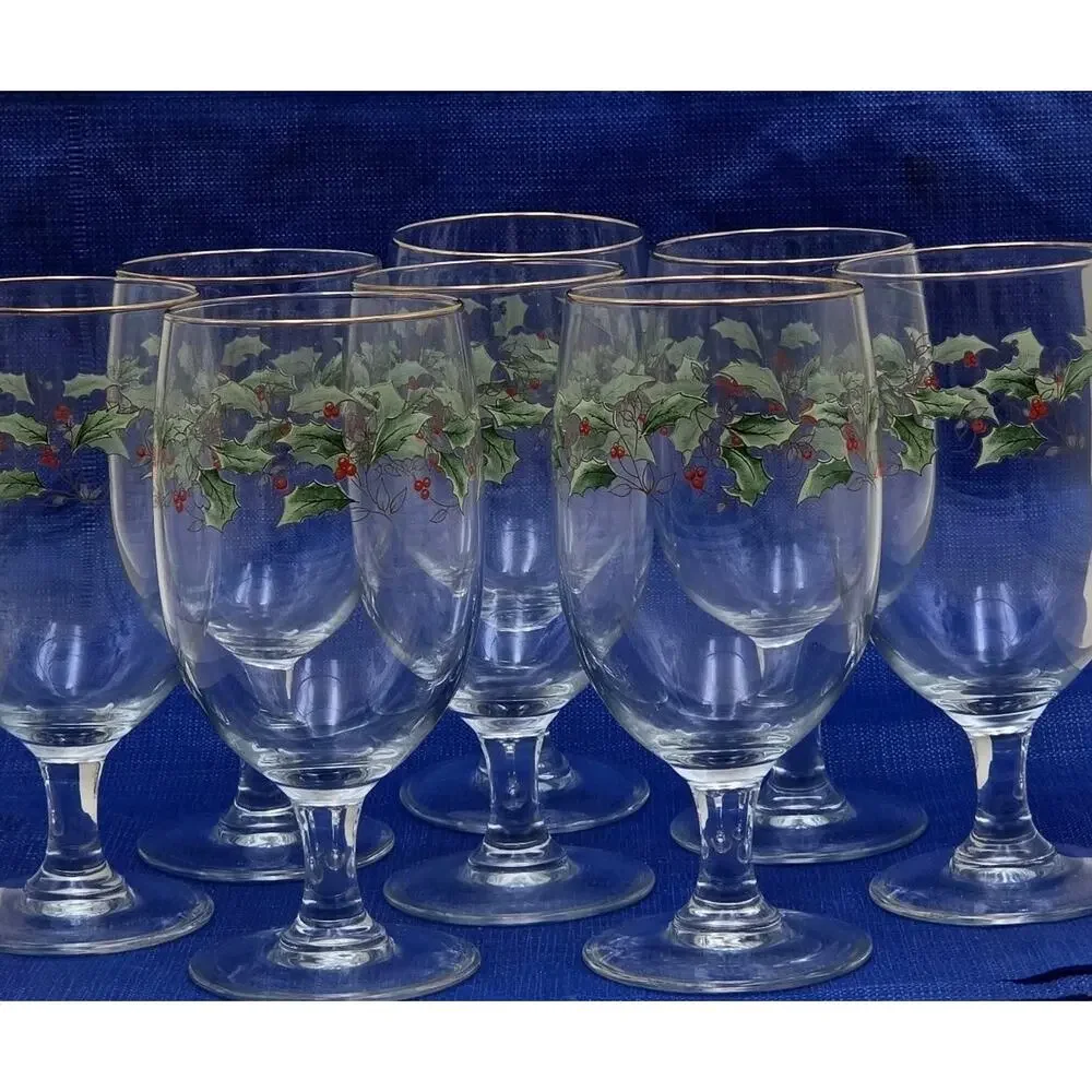Royal Limited Holly Holiday Goblets Gold Rim Set of 8 Glasses